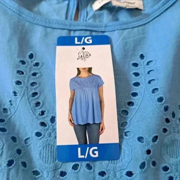 ❤ NWT Jachs Girlfriend Blue Cotton Top Large Slub Knit Short Sleeved Eyelet Yoke - Picture 11 of 12